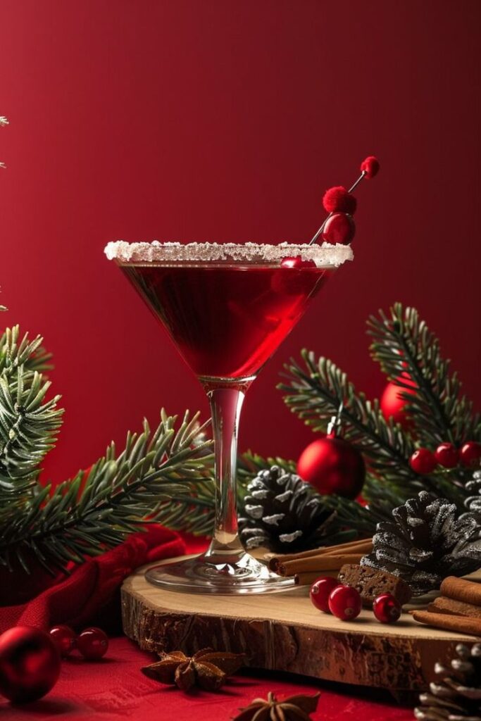 Festive red cocktail with berries and holiday decor in a martini glass, surrounded by pine branches and ornaments.