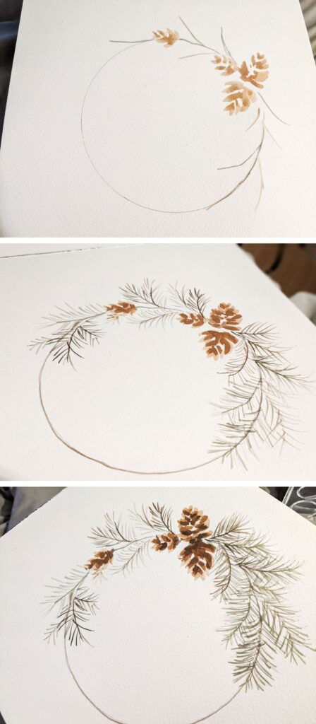 Watercolor painting steps of a pine cone wreath with detailed needles and branches on white paper.