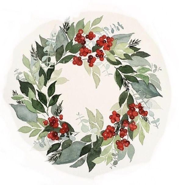 Watercolor holiday wreath with green leaves and red berries arranged in a circle on a light background.