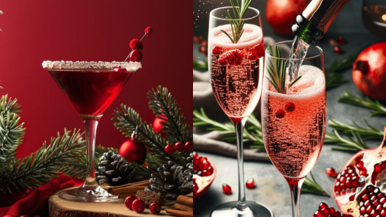 Festive cranberry cocktails with holiday decorations, featuring fresh rosemary and pomegranate, in elegant glassware.