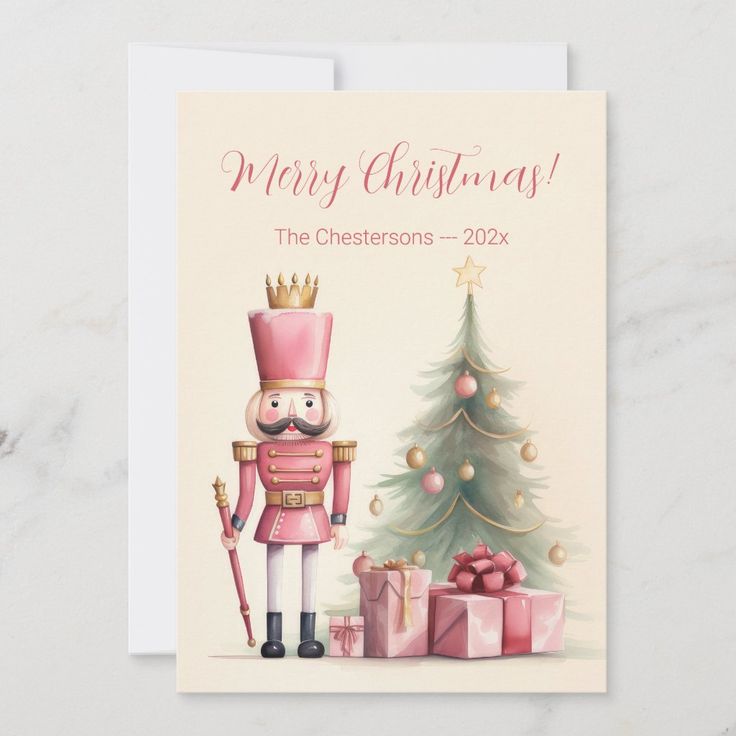 Merry Christmas card with nutcracker, gifts, and decorated tree; personalized design with The Chestersons — 202x.