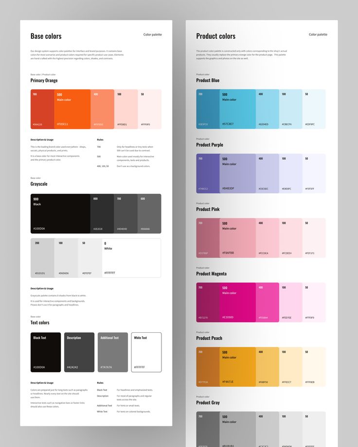 Color palette chart displaying various shades for base and product colors, including blues, purples, pinks, and grays.