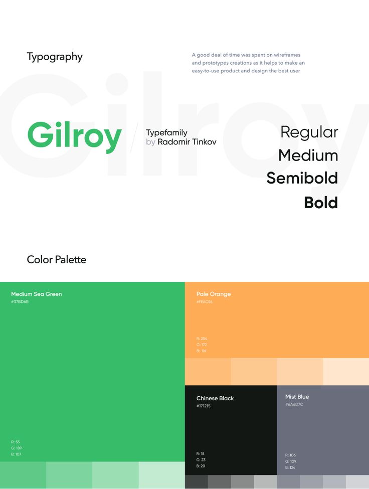 Typography and color palette featuring Gilroy font and colors: Medium Sea Green, Pale Orange, Chinese Black, and Mist Blue.