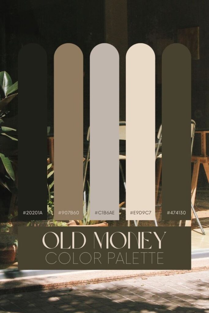 Stylish 'Old Money' color palette with earthy tones and hex codes: #20201A, #907B60, #C1B6AE, #E9D9C7, #474130.