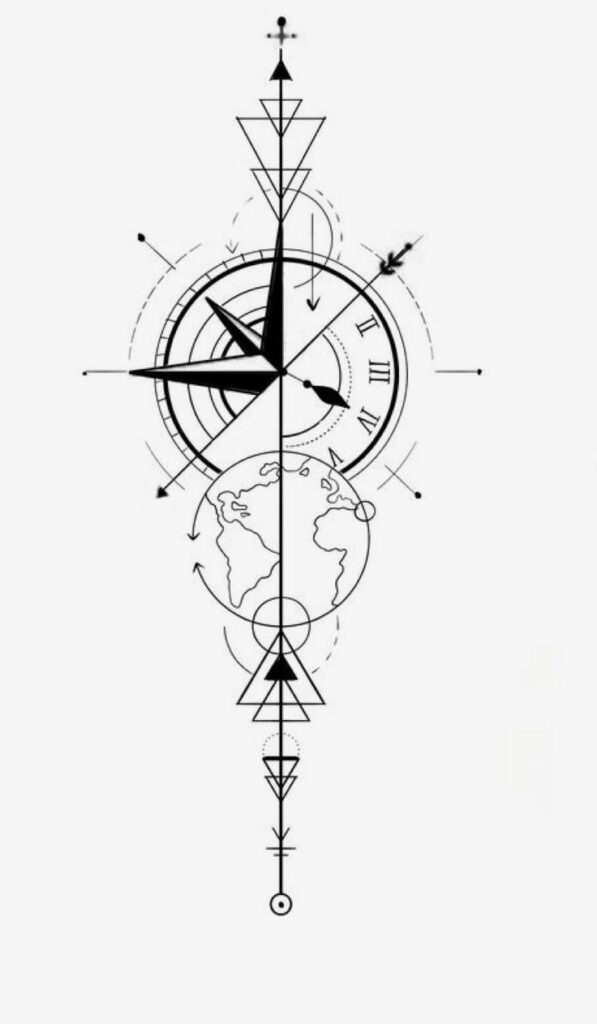 Geometric compass tattoo design with clock and globe elements, featuring intricate lines and arrows.