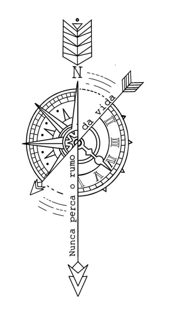 Minimalist compass tattoo with an arrow and quote Nunca perca o rumo da vida in Portuguese.