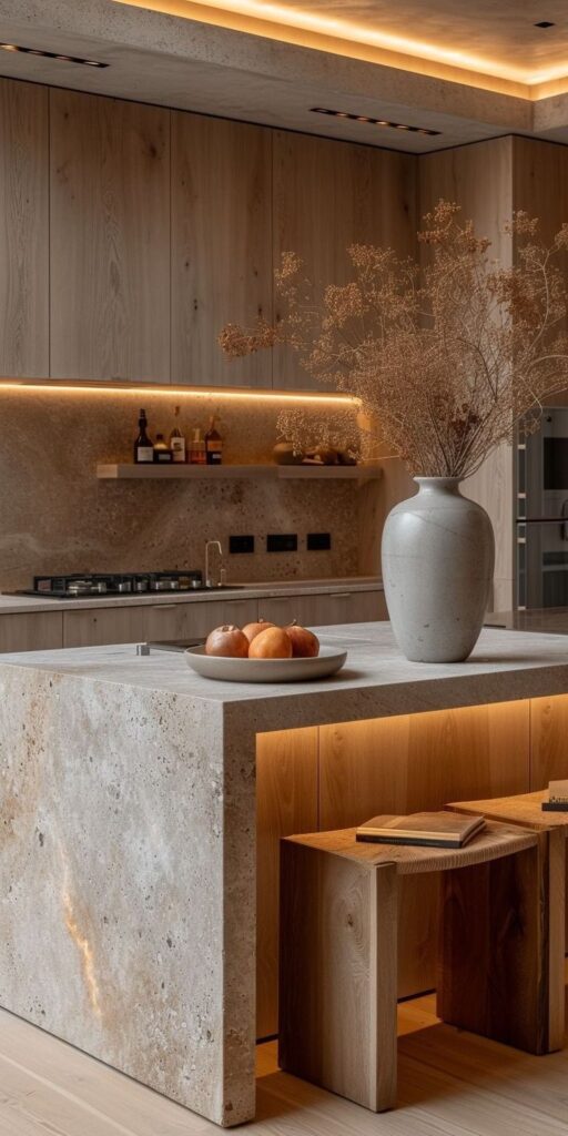 Modern kitchen with stone island, wooden cabinets, and warm lighting, featuring vase and fruit bowl. Cozy interior decor.