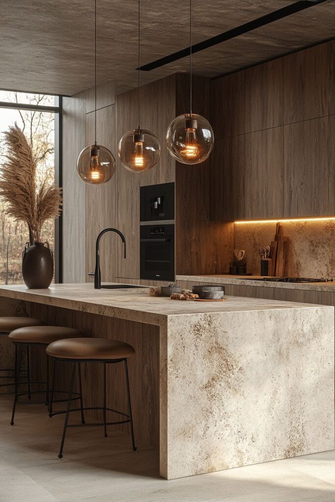 Modern kitchen with wood cabinets, stone island, pendant lighting, and bar stools in cozy, earthy tones.