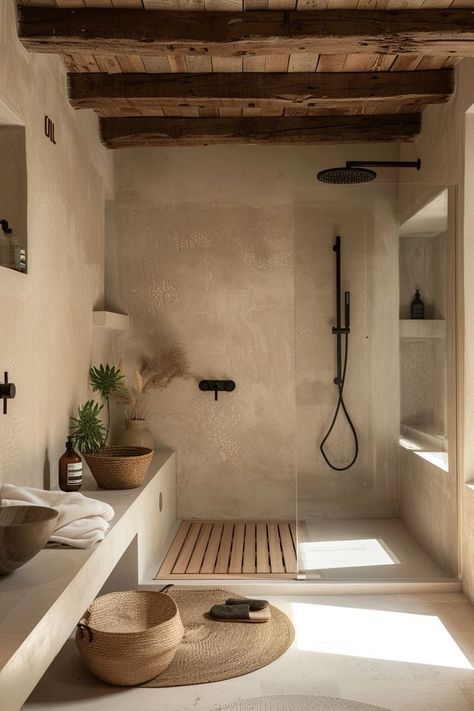 Rustic bathroom with wooden ceiling, minimalist shower, natural decor, and soft lighting. Cozy and modern design.