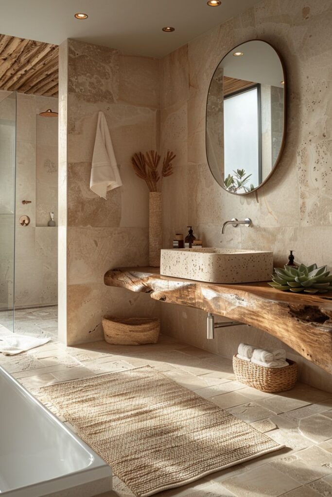 Modern rustic bathroom with stone sink, wooden countertop, round mirror, and natural decor elements.