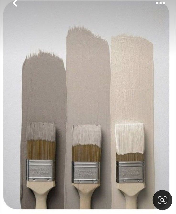 Three paintbrushes with varying shades of gray paint strokes on a white wall.