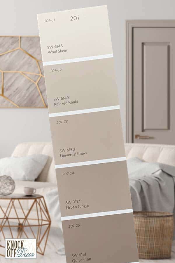 Neutral paint swatches with names like Wool Skein and Urban Jungle in a cozy living room setting.