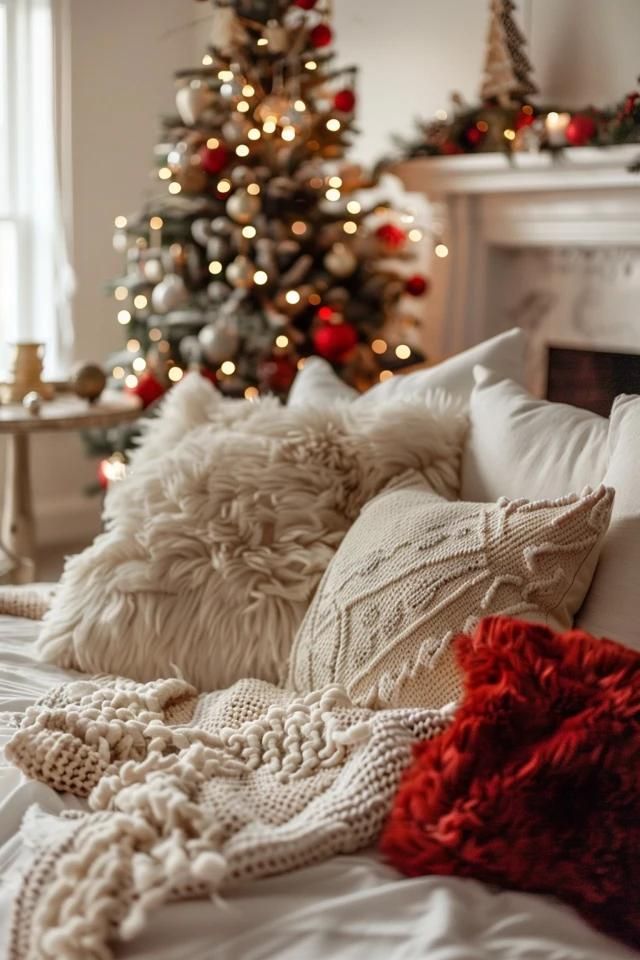 Cozy living room with plush pillows and a decorated Christmas tree in the background, creating a warm holiday ambiance.