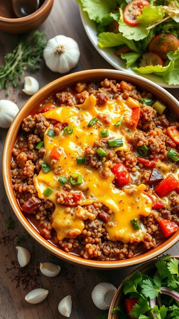 Cheesy beef casserole with vegetables, garnished with herbs, garlic, and served with a fresh salad.