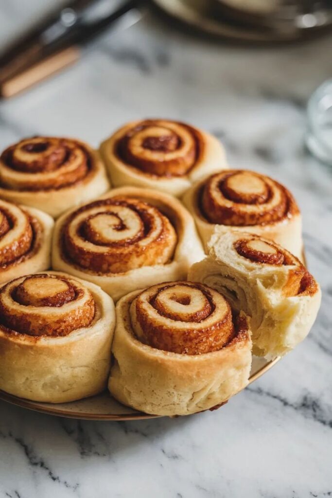 Freshly baked cinnamon rolls on a plate, close-up view on a marble background.