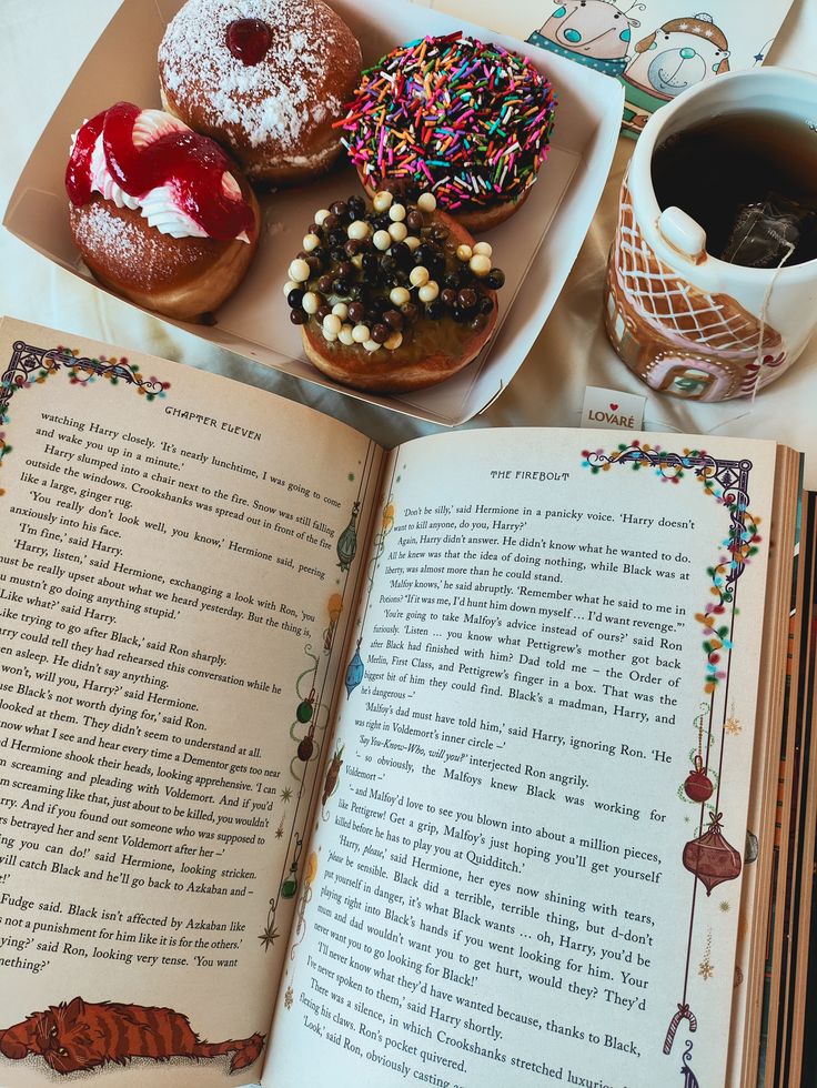 Open book with donuts and tea on a cozy table setting.