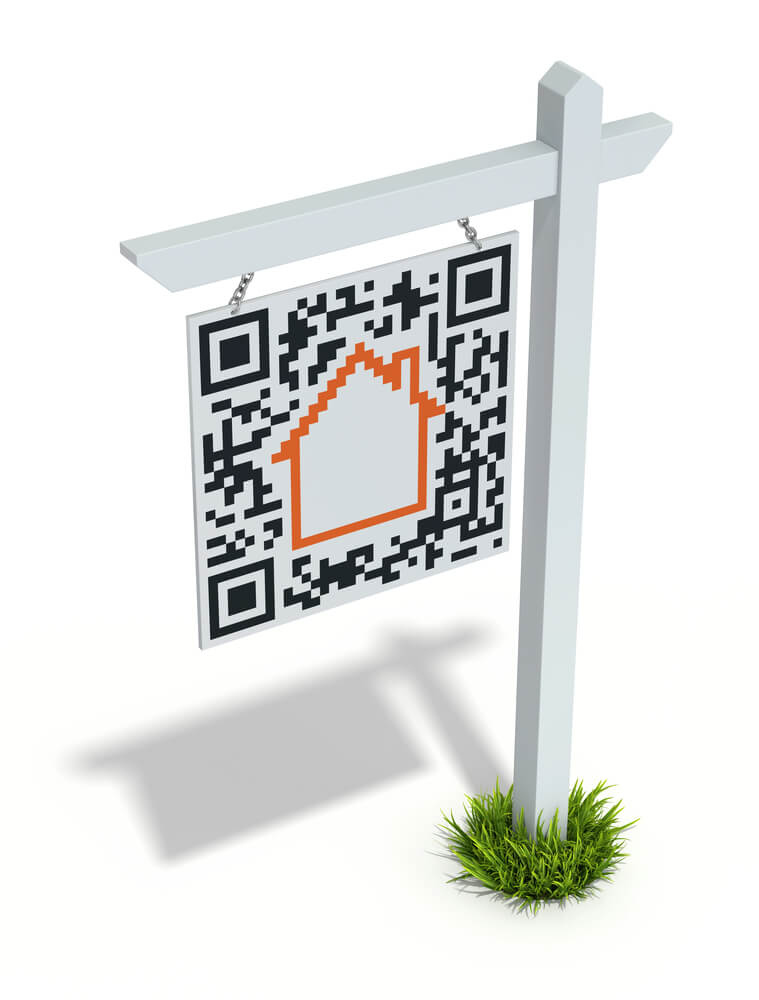 QR code on a real estate sign post with a house illustration, symbolizing digital home listings.