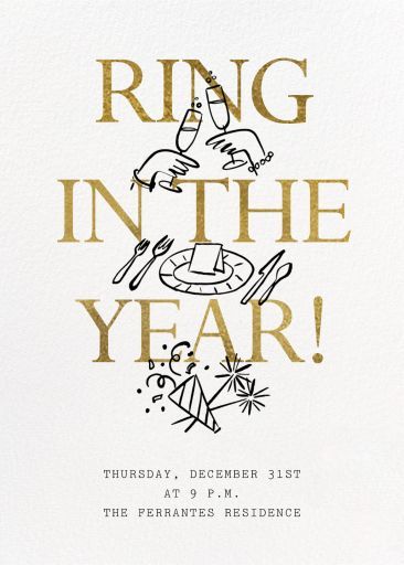 New Year's Eve invitation with champagne and party icons, text Ring in the Year! for December 31st, 9 PM at Perrantes Residence.