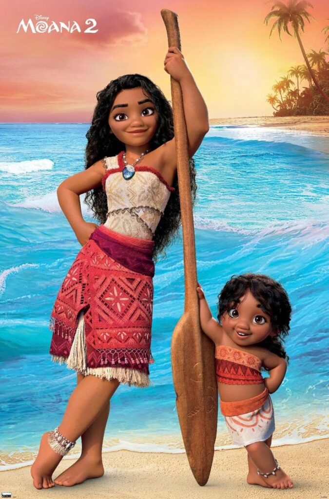 Two animated characters on a tropical beach with a sunset and ocean background for Moana 2.