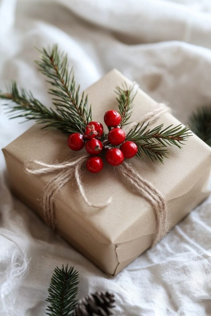 Gift wrapped in brown paper with red berries and pine sprigs, perfect for a rustic holiday present.