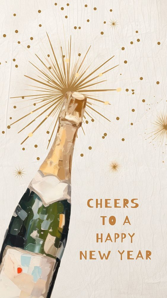 Champagne bottle with fireworks, Cheers to a Happy New Year message, festive celebration theme.