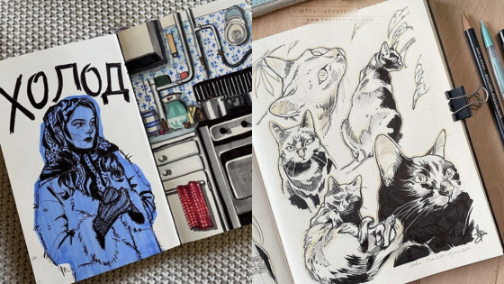 Left: Blue-tinged sketch of a person and kitchen. Right: Black and white sketches of multiple cats. Art supplies visible.