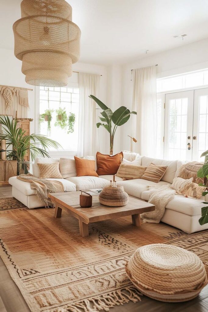 Bohemian-style living room with cozy sofa, rustic decor, and indoor plants. Natural light and earthy tones create warmth.