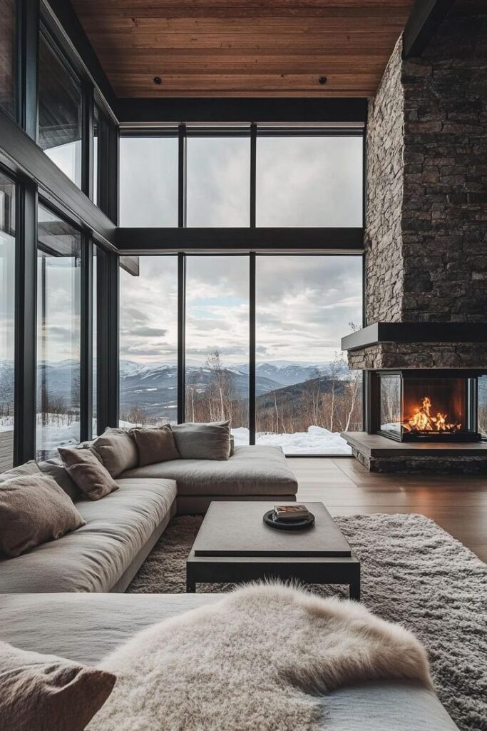 Modern living room with panoramic mountain views, cozy fireplace, and plush sofas.