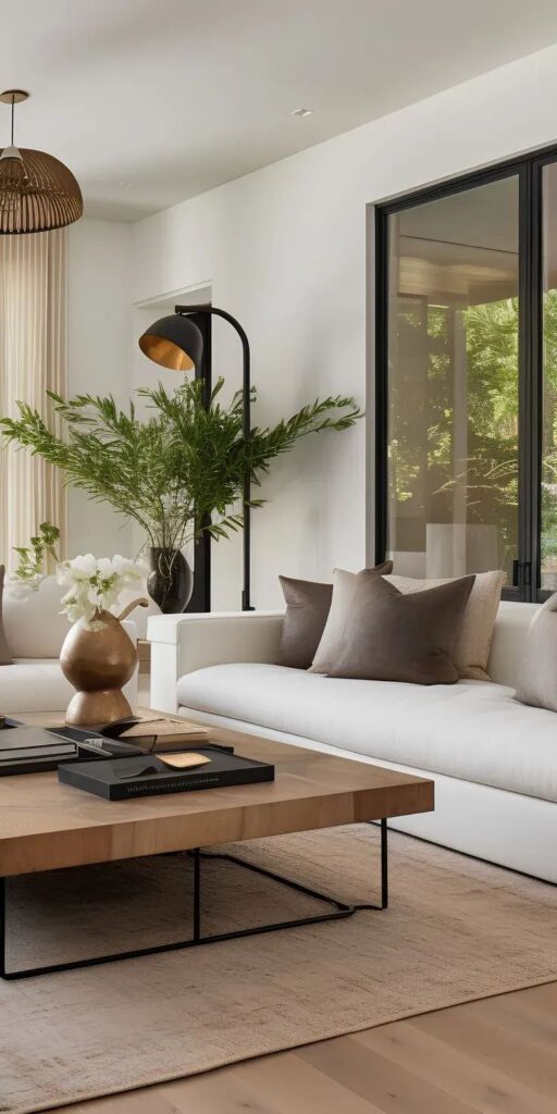 Modern living room with beige sofa, wooden coffee table, lush greenery, and large window for natural light.