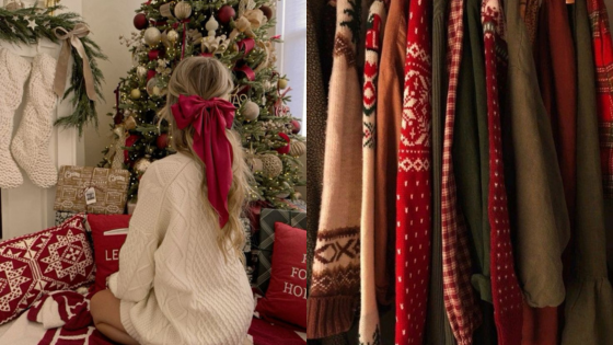 Woman in cozy sweater by a decorated Christmas tree; festive sweaters hanging in a closet.