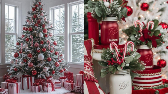 Festive Christmas scene with a decorated tree and red-and-white themed gifts and mason jars adorned with candy canes.