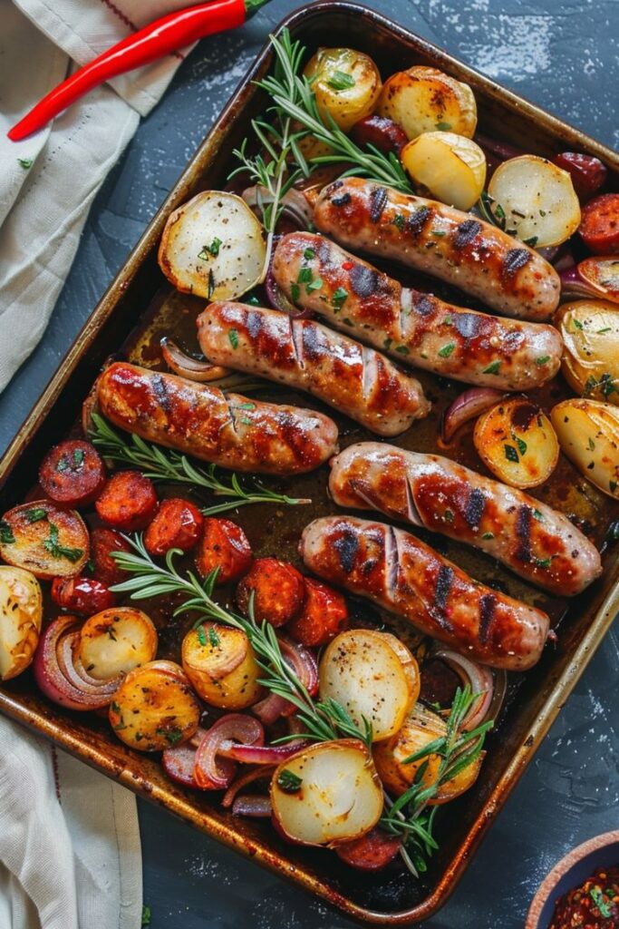 Grilled sausages with roasted potatoes and herbs on a baking tray. Perfect for a hearty and flavorful dinner.