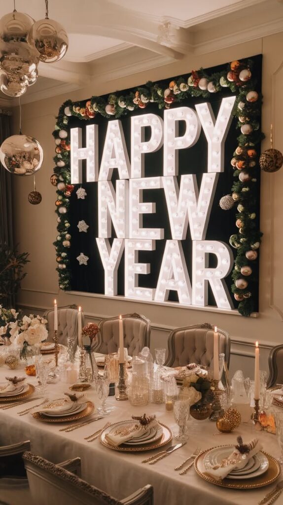 Elegant New Year’s Eve dining table with festive decor and illuminated Happy New Year sign backdrop.