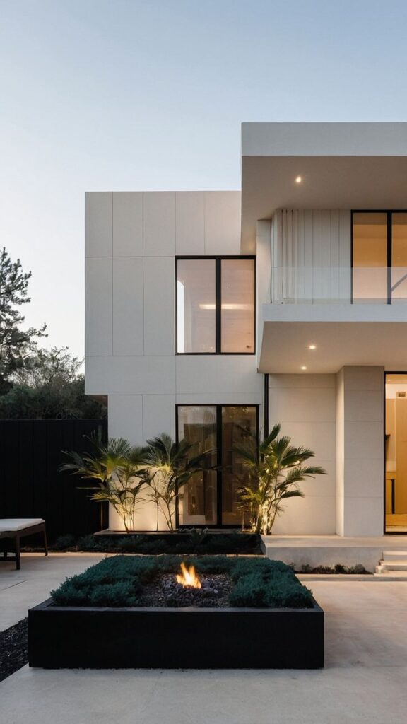 Modern minimalist house exterior with large windows, palm plants, and a cozy outdoor fire pit at sunset.