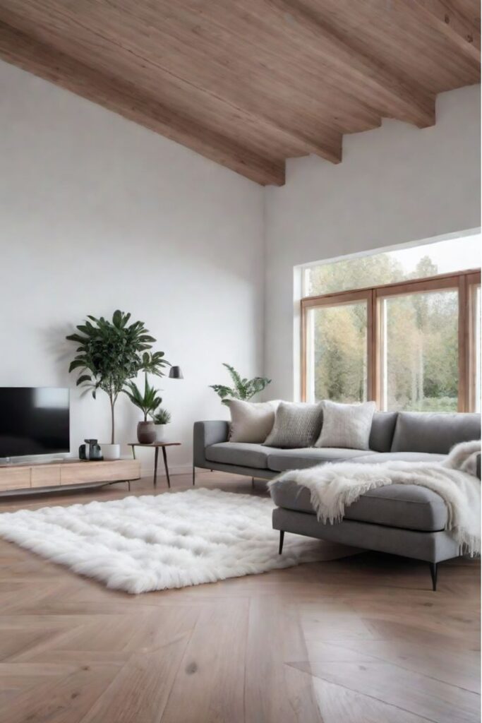 Modern living room with gray sofa, white rug, wooden ceiling, and large windows overlooking greenery. Cozy and minimalist decor.