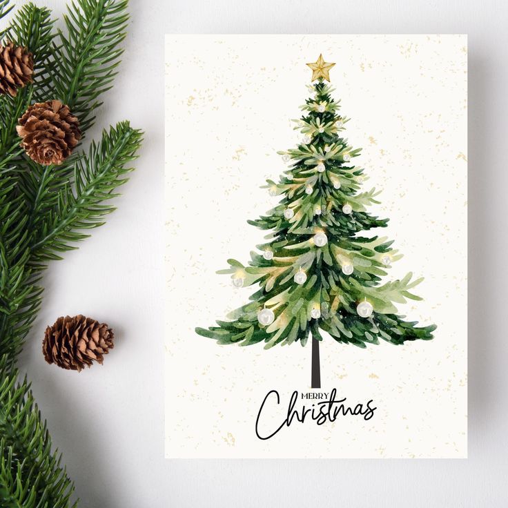 Watercolor Christmas tree card with ornaments and star, pine branches with cones, festive holiday design.