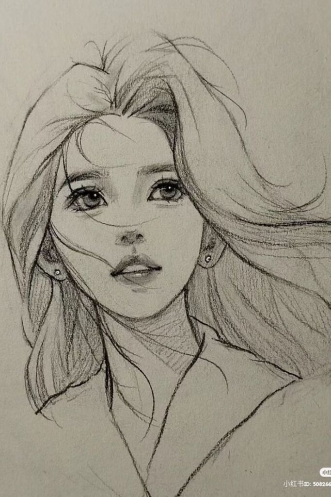 Pencil sketch of a woman with long hair and expressive eyes, gazing upward, capturing a sense of wonder and elegance.