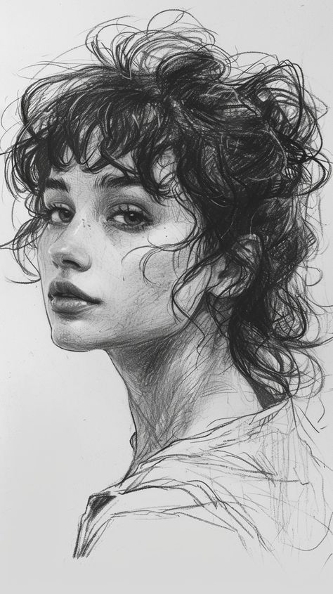 Portrait sketch of a woman with curly hair and thoughtful expression, showcasing detailed pencil artistry.