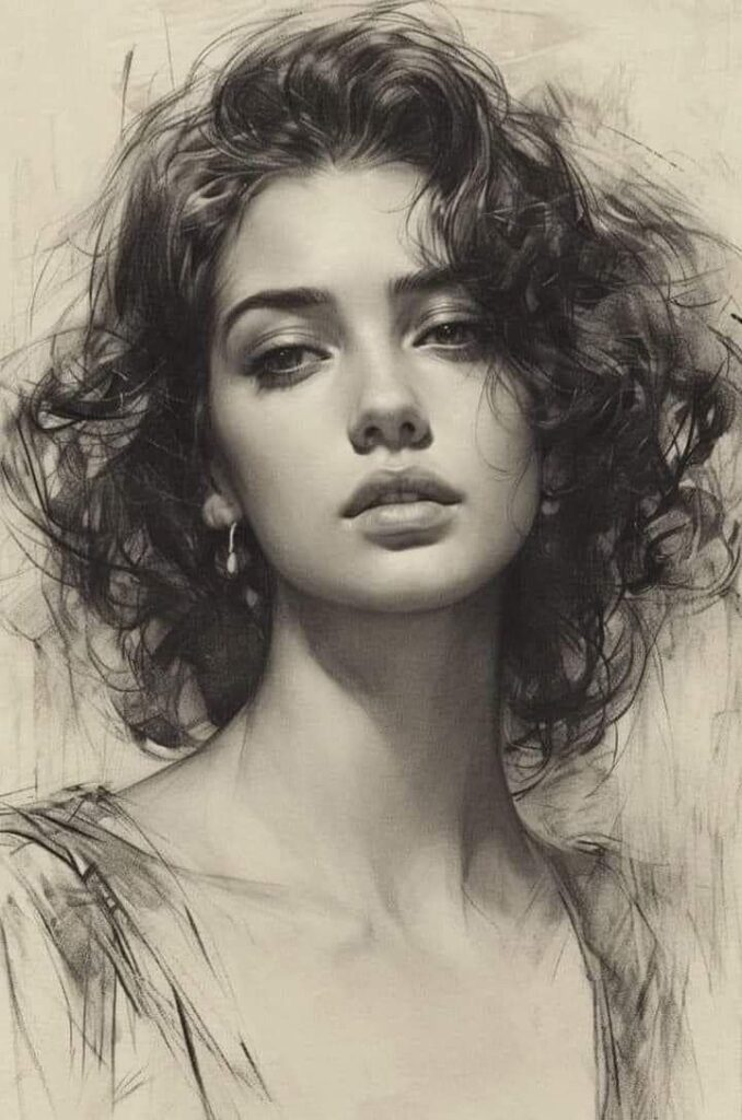 Portrait of a woman with curly hair and earrings in a black and white artistic sketch style.