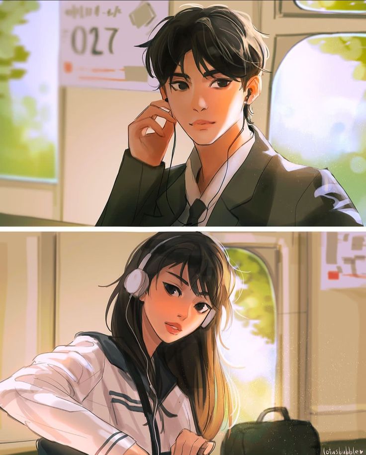 Anime-style illustration of a boy in a suit and girl in a school uniform listening to music on a train.