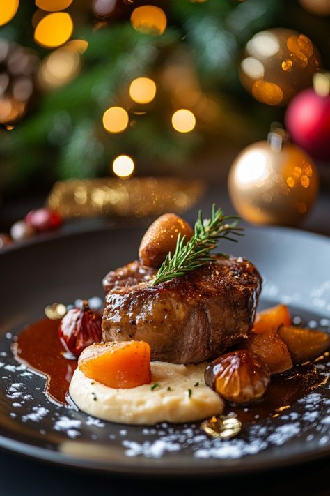 Gourmet steak dish with mashed potatoes and roasted vegetables, garnished for a festive holiday dinner setting.