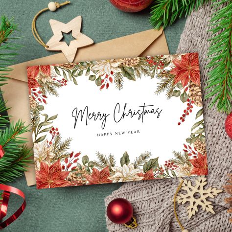 Festive Christmas card with floral design, red and green accents, and Merry Christmas message on rustic background.