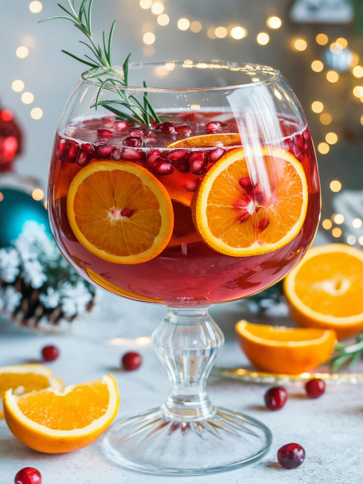 Festive Prosecco punch cocktail with orange slices, pomegranate, and rosemary in a decorative glass. Holiday drink.