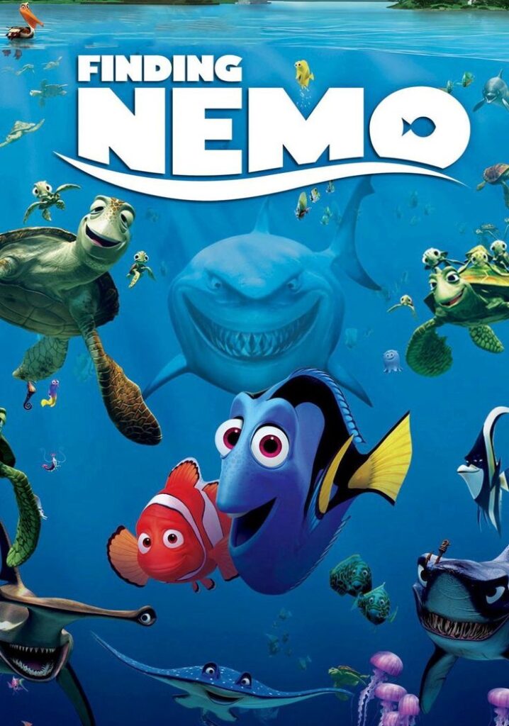 Colorful underwater scene featuring characters from Finding Nemo, including a clownfish, blue tang, and sea turtle.