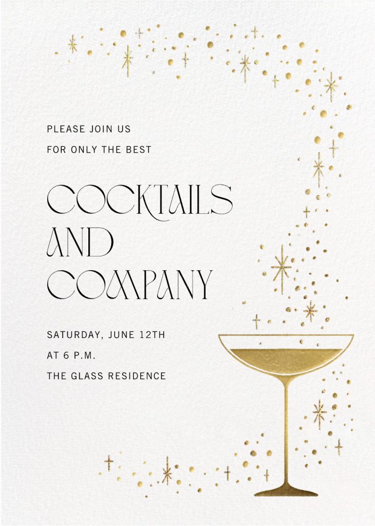 Invitation for Cocktails and Company event, June 12th, 6 PM, at The Glass Residence. Elegant gold design with a cocktail.