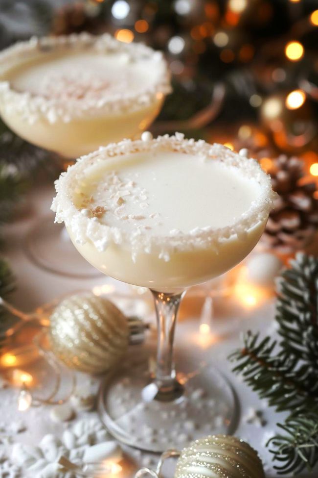 Festive holiday cocktail with a coconut rim in elegant glasses, surrounded by Christmas lights and ornaments.