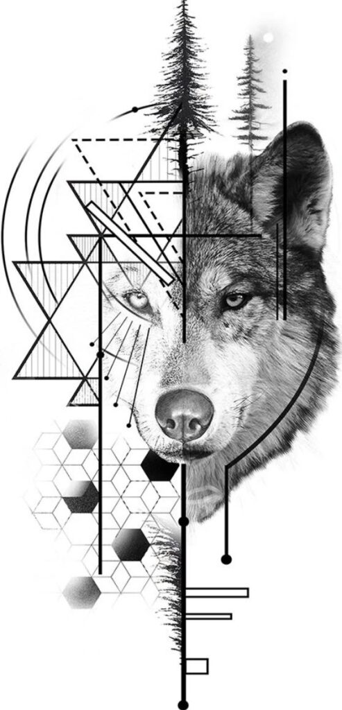 Geometric wolf illustration with trees and abstract shapes in black and white. Unique art design.