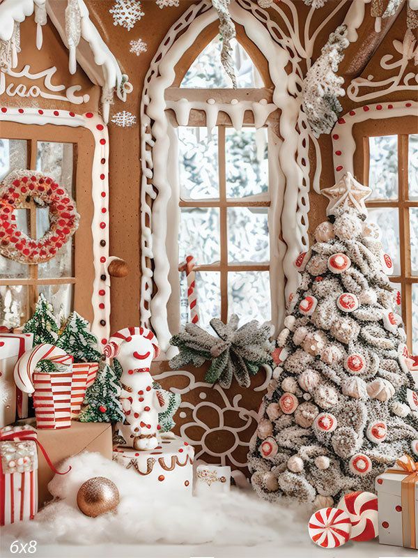 Gingerbread house with festive Christmas tree, candy accents, and snow-covered windows creating a cozy holiday scene.