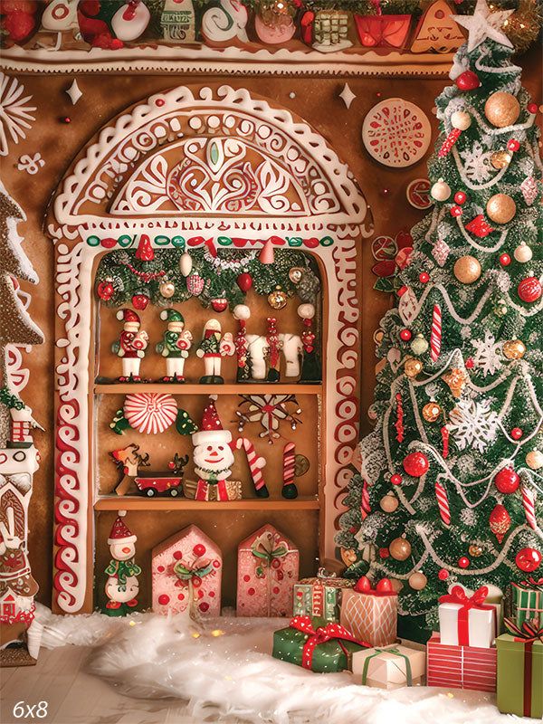 Christmas gingerbread house with decorated tree, festive ornaments, and colorful gifts under the snowy tree.