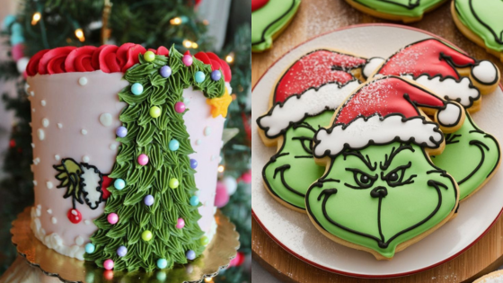 Festive Grinch-themed cake and cookies with colorful decorations, perfect for Christmas celebrations.